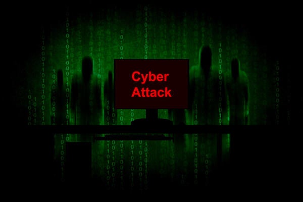 distorted human figures in shades of black and dark green with binary code and the words "cyber attack" overlapping